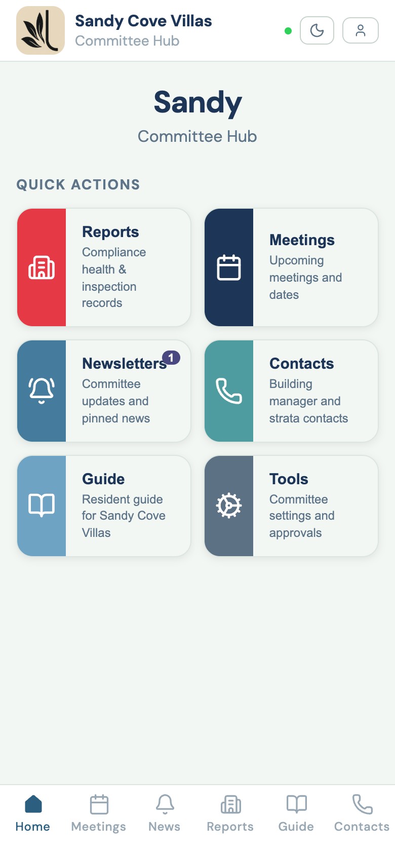 StrataLink committee hub home screen with quick actions